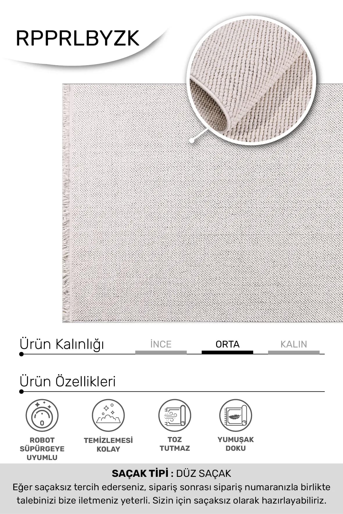 PARLA-Beyaz- Özel Ölçü- Oturma Odası, Koridor, Yatak Odası Halısı- Robot Süpürgeye Uyumlu-Kolay Temizlenebilir- Uygun Fiyat
