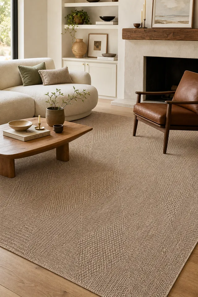 Bej dokulu geometrik desenli modern salon halısı