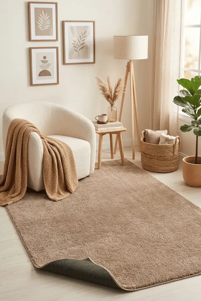 Bej pofuduk salon halısı, krem bouclé koltuk
