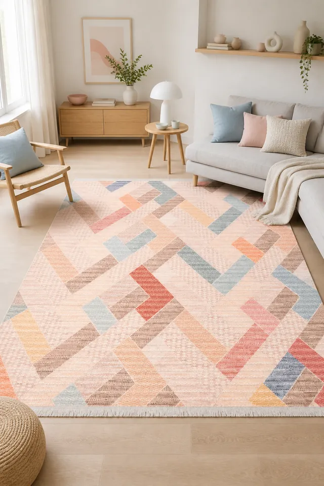 Pastel renkli geometrik desenli salon halısı