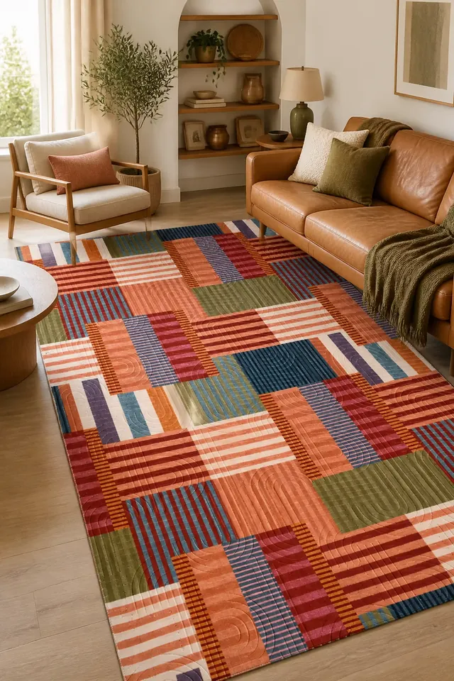 Renkli patchwork desenli modern salon halısı